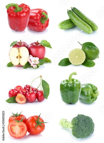 Obst und Gemüse Früchte Apfel Tomaten Paprika Kirschen Farben frische Collage Freisteller freigestellt isoliert