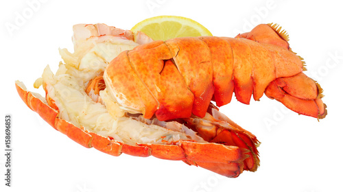 Two cooked lobster tails isolated on a white background