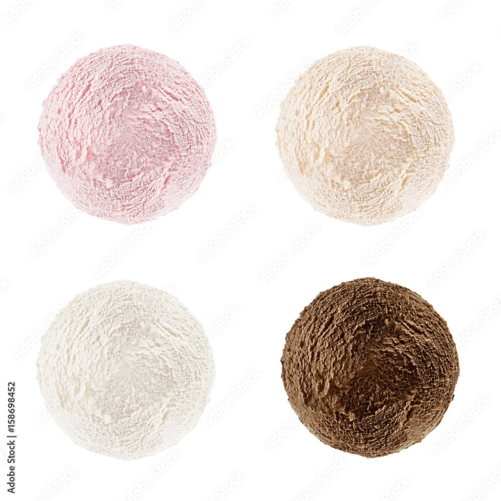 Ice cream scoops collection. Four balls basic flavor and colors - cream, strawberry, creme brulee, chocolate, isolated on white background, closeup, texture. Template for menu. Ice cream scoops collection. Four balls basic flavor and colors - cream, strawberry, creme brulee, chocolate, isolated on white background, closeup, texture. Template for menu.