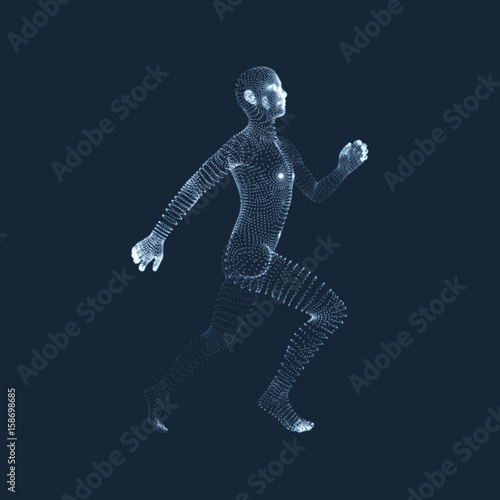 Running Man. Vector Graphics Composed of Particles. 3D Model of Man. Human Body Model. Body Scanning. View of Human Body.