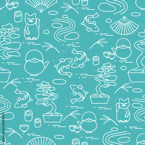 Cute vector pattern with bonsai tree, minimal rock garden, japanese lucky cat Maneki Neko, carp koi and other.