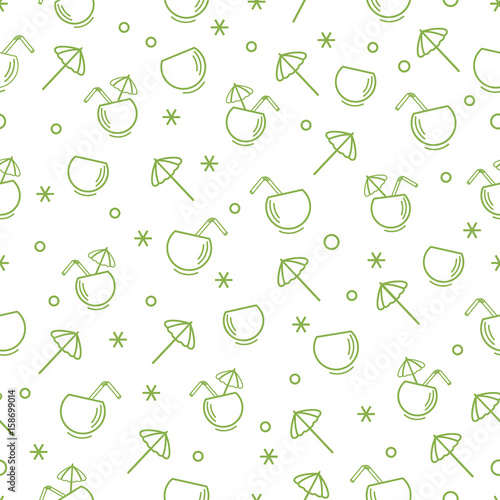 Cute seamless pattern with cocktail in half coconut, tube and umbrella. Travel and leisure.