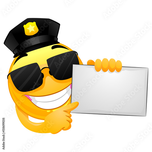 Vector Illustration of Smiley Emoticon Policeman holding a white board