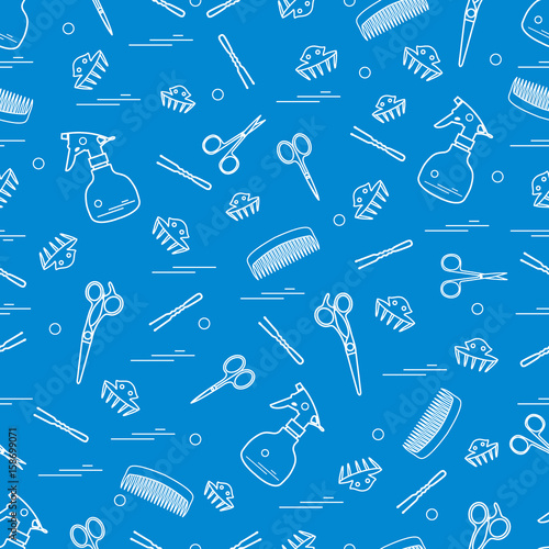 Cute pattern of scissors, combs, hairclip, hairpins and sprayer. For the provision of hairdressing services.