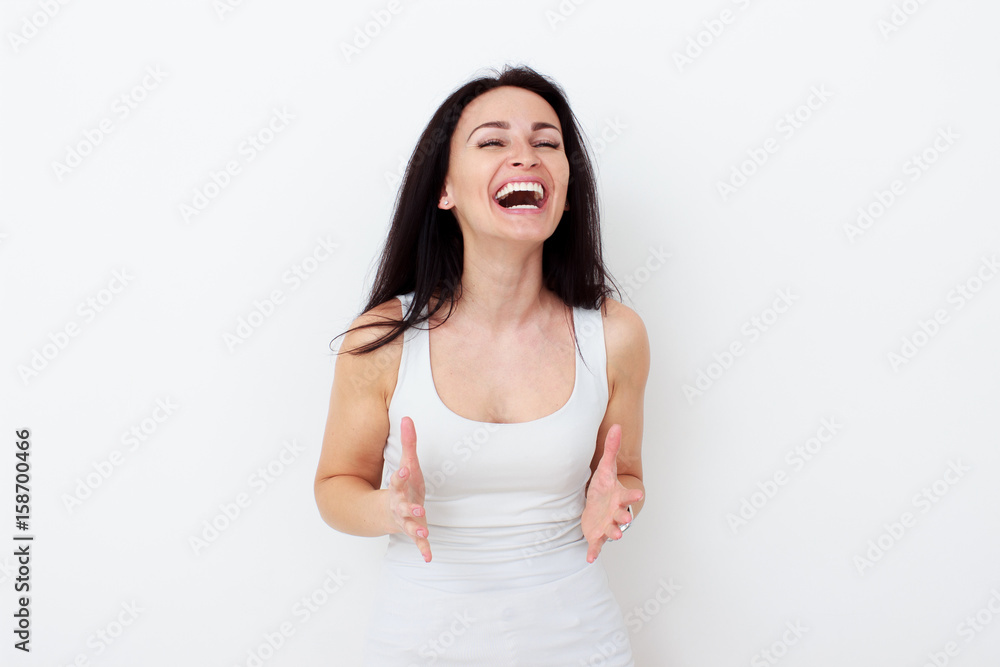 Happy woman Laughing. Closeup portrait woman smiling with perfect smile and white teeth Happy woman Laughing. Closeup portrait woman smiling with perfect smile and white teeth