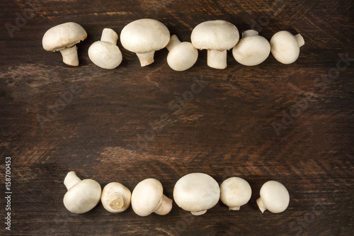 Overhead photo of white mushrooms on rustic texture with copyspa photo