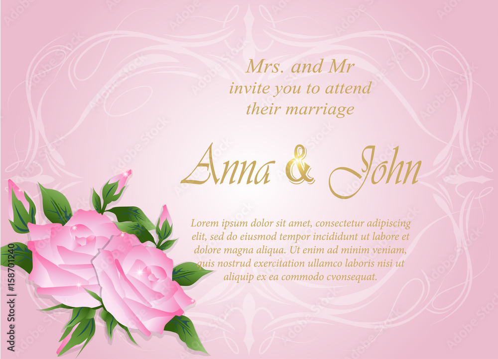 Invitation card, wedding card with rose floral pink background