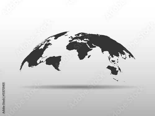 World map bulging in a shape of globe. Abstract design 3D map with dropped shadow.