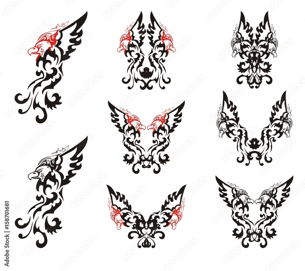Obraz premium Black and red decorative eagle set. Eagle symbols with open wings for your design