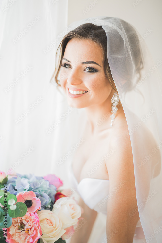 Luxury bride in white dress posing while preparing for the wedding ceremony Luxury bride in white dress posing while preparing for the wedding ceremony