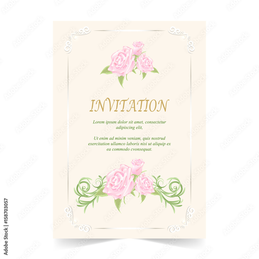 Wedding care, Invitation card, with rose on ivory background
