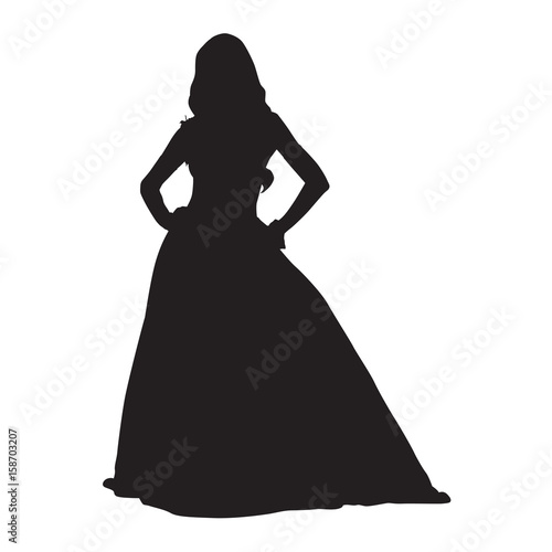 Woman standing in long dress, vector silhouette