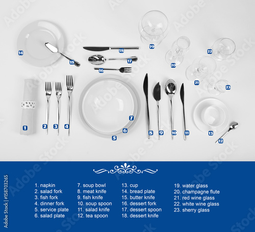 Table setting, close up, on white background