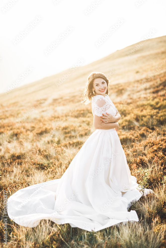 Beauty woman, bride with perfect white dress background mountains