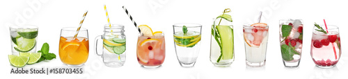 Different drinks in glasses on white background. Ideas for summer cocktails