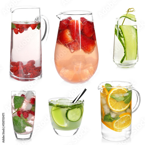 Different drinks in glassware on white background. Ideas for summer cocktails
