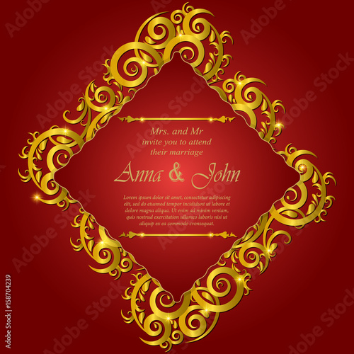 Invitation card, Wedding card with ornament on red background
