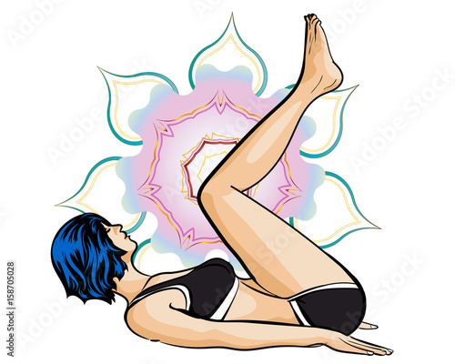 Woman doing yoga exercises. Mandala on the background. Vector image.