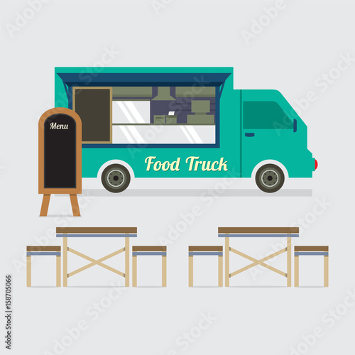 Food Truck With Table Set Vector Illustration