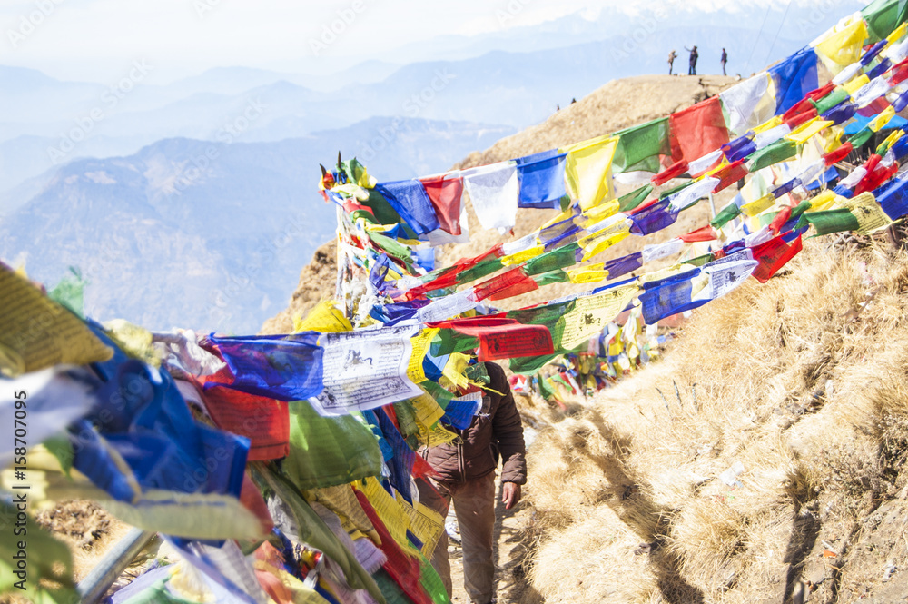 Wallpaper Macro tibetan prayer flags yellow blue red green white mountain  path religion Stock Photo | Adobe Stock