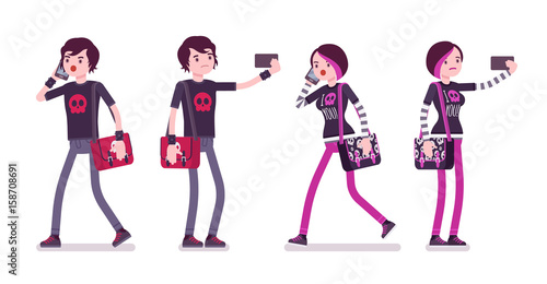 Emo boy and girl walking, standing with gadgets