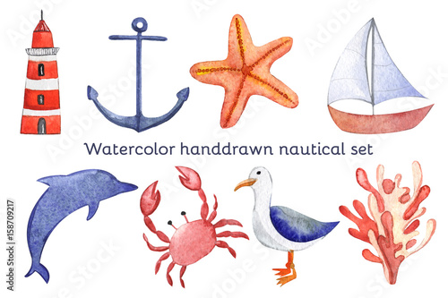 Sticker Watercolor hand drawn sea nautical set