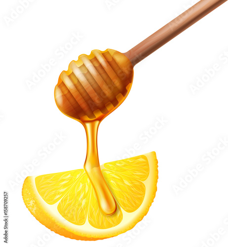 Wooden honey dipper and lemon. Vector illustration.