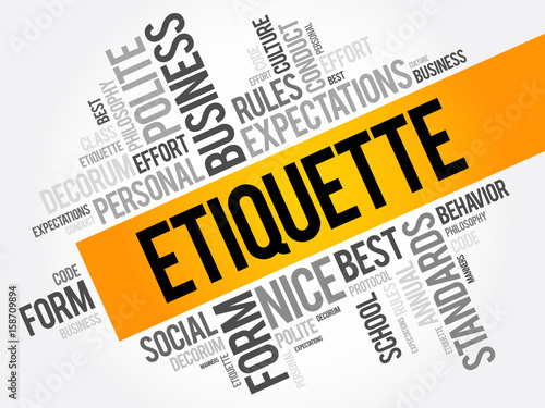 Etiquette word cloud collage, social business concept on blackboard