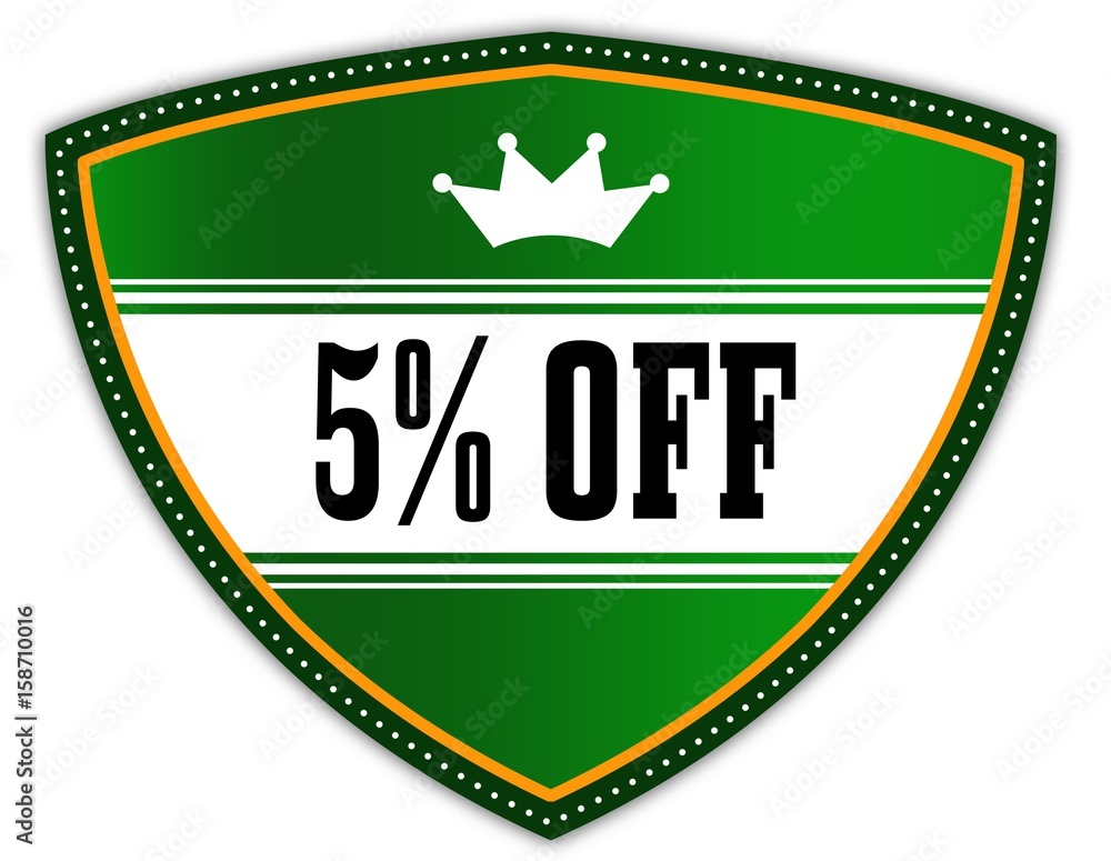 Obraz premium 5 PERCENT OFF written on green shield with crown.