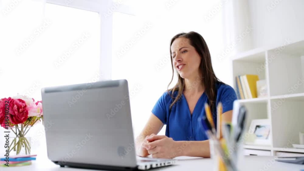 happy woman with laptop having video conference happy woman with laptop having video conference