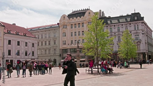 A Hyper lapse view of the central Hlavné square in Bratislava.
