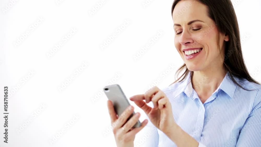 happy businesswoman with smartphone at office happy businesswoman with smartphone at office