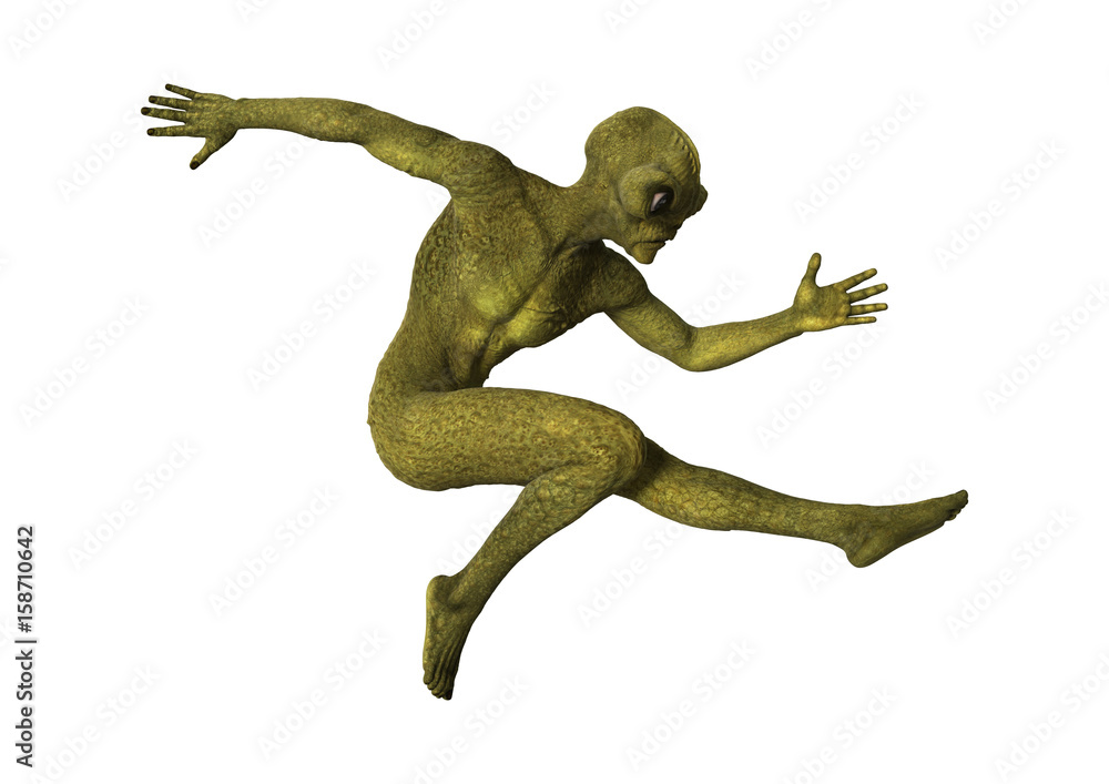 3D Rendering Green Alien on White 3D Rendering Green Alien on White
