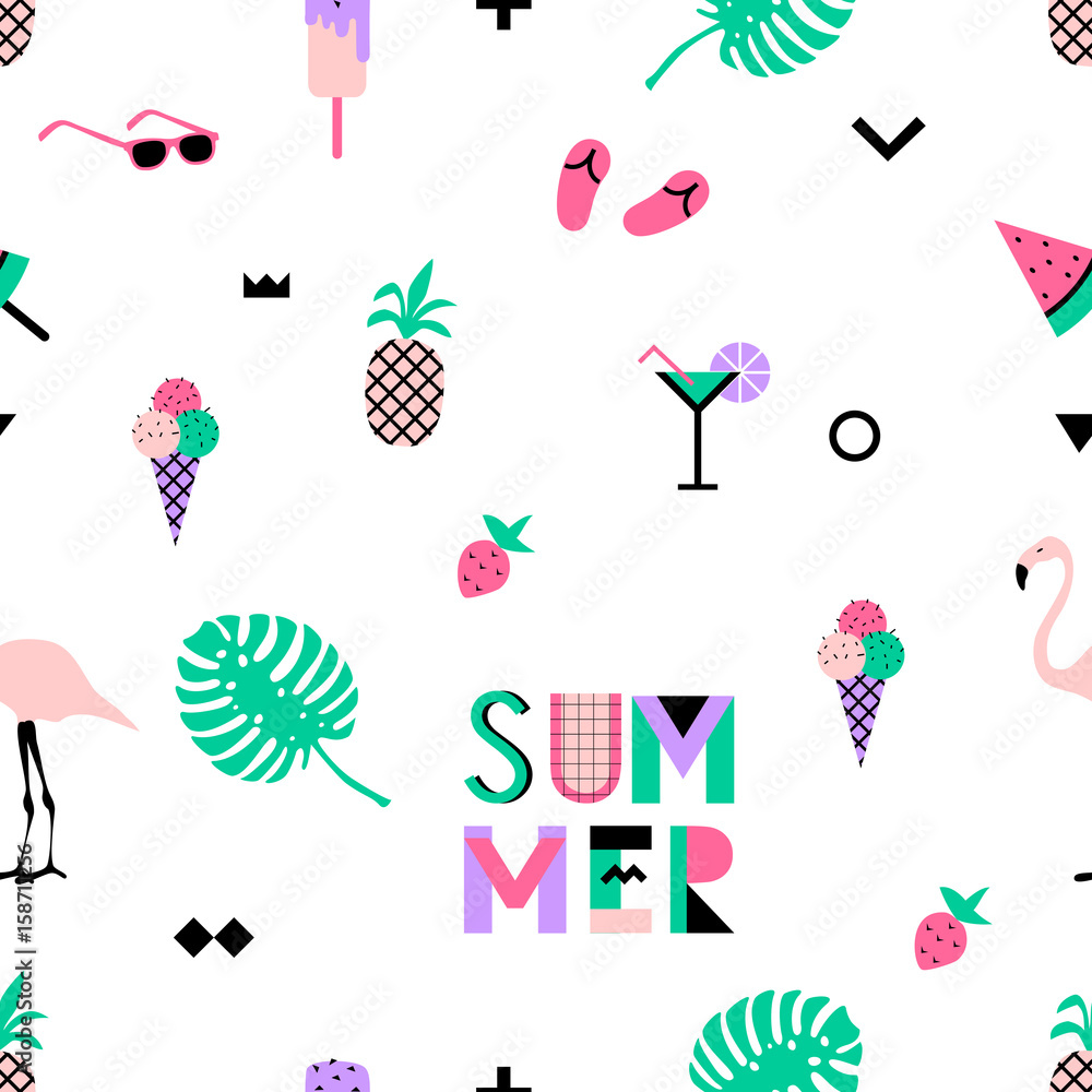 Summer seamless pattern with pink flamingos. Memphis style with geometric elements and plants. Vector illustration Summer seamless pattern with pink flamingos. Memphis style with geometric elements and plants. Vector illustration