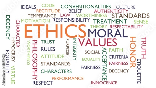 Ethics, moral, values word tag cloud. 3D rendering, white variant.