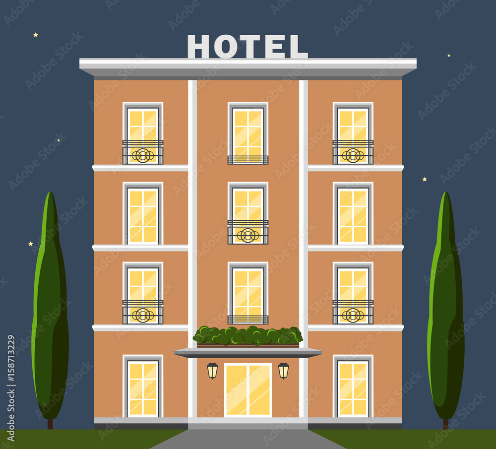 Vector image illustration of hotel, reservation, porter, recreation, building. Flat design and night sky on background. French and italian style of architecture. Vector image illustration of hotel, reservation, porter, recreation, building. Flat design and night sky on background. French and italian style of architecture.