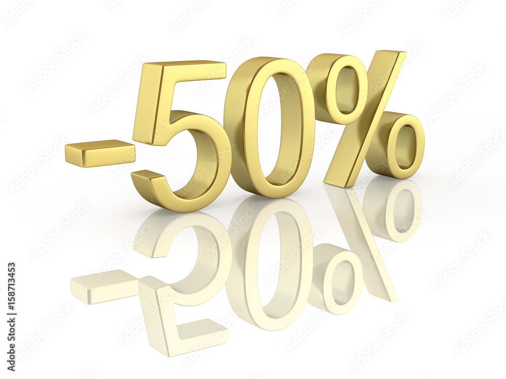 Gold text 50 percent off on white background with reflection 3D render Gold text 50 percent off on white background with reflection 3D render