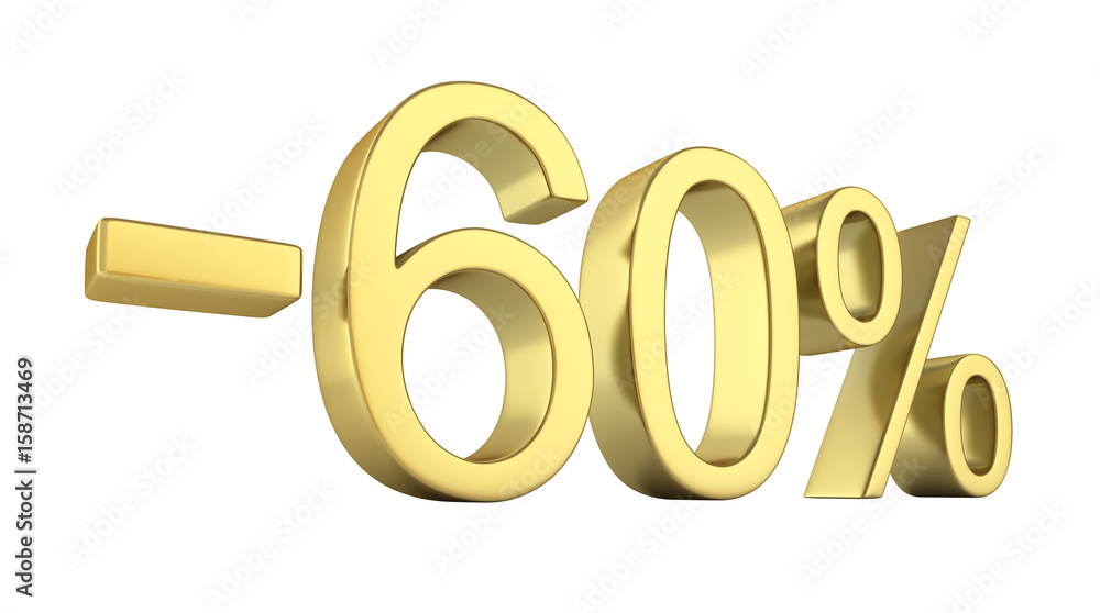 Gold text 60 percent off on white background without shadow 3D render Gold text 60 percent off on white background without shadow 3D render
