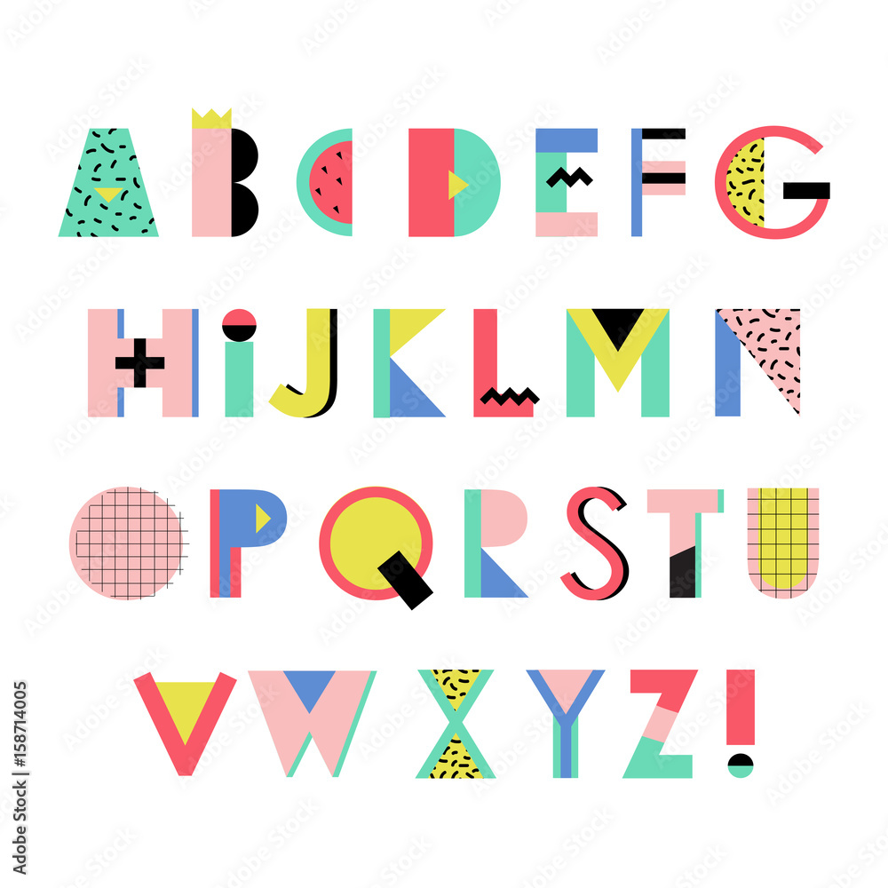 Artistic Alphabet in trendy Memphis geometric style. Creative font