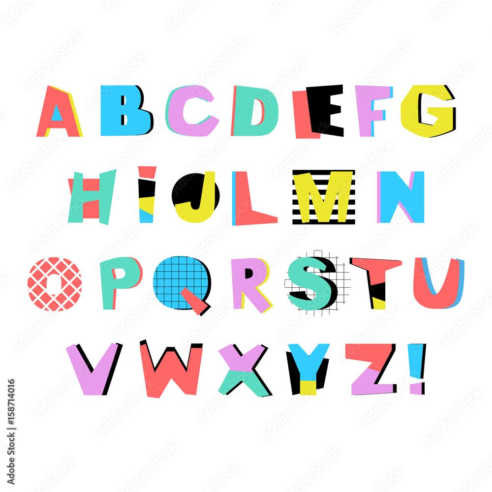 Artistic Alphabet in trendy Memphis geometric style. Creative font. Vector English Alphabet Set.