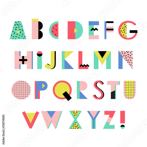 Artistic Alphabet in trendy Memphis geometric style. Creative font. Vector English Alphabet Set.