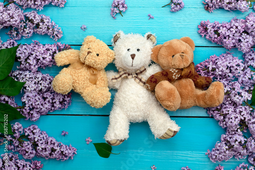 teddy bear on a blue background with flowers