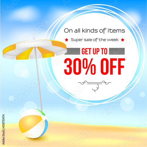 Selling ad banner, vintage text design. Thirty percent summer vacation discounts, The sandy beach background with sun umbrella and bouncy ball. Template for online shopping, advertising actions.