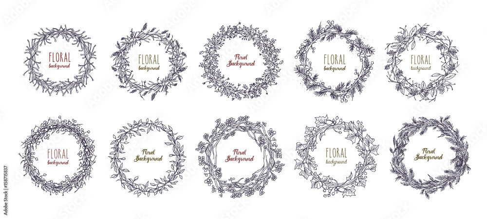floral round wreaths set. hand drawn frames, vector collection.