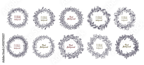 floral round wreaths set. hand drawn frames, vector collection.