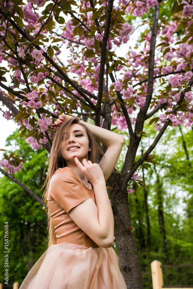 Happy travel woman look map and smile with sakura cherry blossoms tree on vacation while spring, Happy travel woman look map and smile with sakura cherry blossoms tree on vacation while spring,