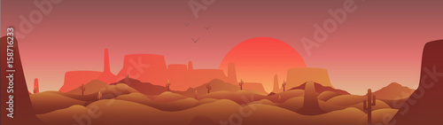 Desert Panorama with Cactus and Mesa  - Vector Illustration