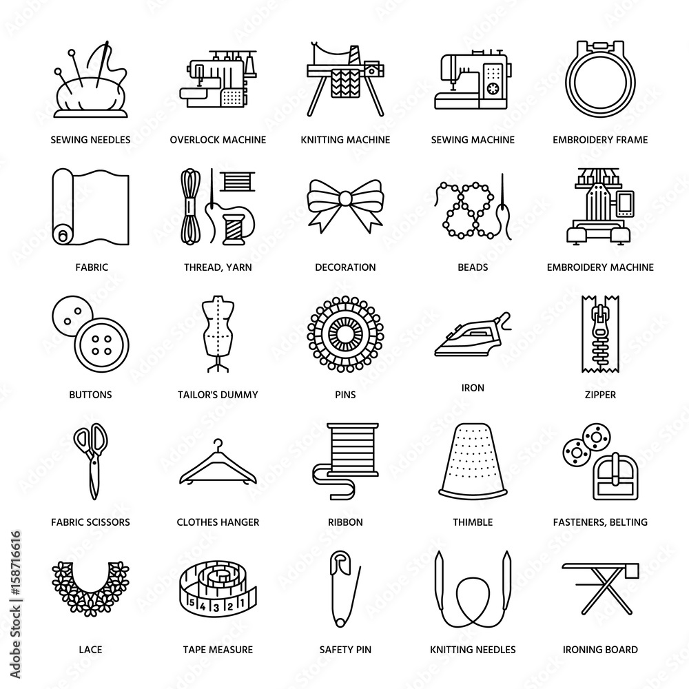 Sewing equipment, tailor supplies flat line icons set. Needlework  accessories - sewing embroidery machine, pin, needle, thread, zipper,  hanger, DIY tools. Linear signs set, logos for hand made store. Stock  Vector