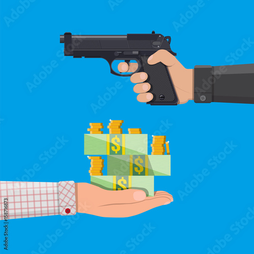 Hand of thief holding pistol and hand with money