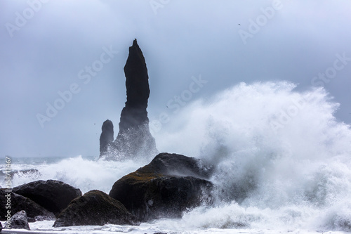 waves on the black beach of Reynisfjara in Iceland